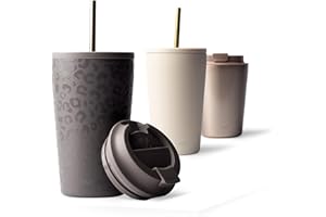 ‎MAMEIDO MAMEIDO kubek termiczny ze słomką 470 ml, kubek do picia z pokrywką i słomką ze stali nierdzewnej z podwójną ścianką izolowany, szczelny kubek coffee to go (Sleek Leo)