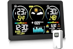 VOKSUN Estación Meteorológica con Sensor de Exterior, Termómetro Meteorológico Digital Inalámbrico con Pantalla a Color y Reloj DCF, Previsión Meteorológica con Luz de Fondo Ajustable y Calendario, Negro