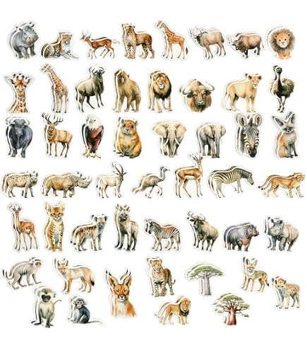 50 Autocollants Animaux Sauvages - Faune Africaine Imperméable - Enfants, Bouteille, Scrapbooking