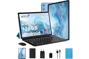 BIEGEDY Nouvelle 2025 Tablette 10 Pouces Android 14 avec 20Go RAM + 128Go ROM(TF Extensible 2To), Octa-Core, GMS Tablette Tactile, Widevine L1, 5G+2.4G Wi-FI , Tablettes avec Clavier+Souris et Cas-Bleu