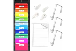 VANTASII Storage Pocket Chart, Heavy Duty Wall File Organization Folder with 10 Clear File Pockets, 10 Blank Name Stickers Plus 3 Metal Hangers & 4 Hooks for Files, Bills, Classroom & Office (Black, 14” X 47”)