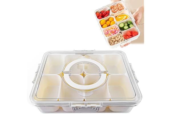 HOSPAOP Snackslåda med fack, snackstallrik med lock, mellanmålsskål i plast, läckagesäker snacksbricka, organisatör för mellanmål, godis, veggie, kakor, nötter, desserter, frukt