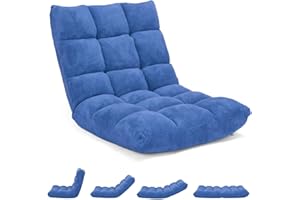 GOPLUS Chaise de Sol Pliante, Fauteuil Convertible Réglable à 14 Niveaux, Fauteuil Paresseux avec Velours Corail Confortable, Chaise de Méditation Rembourré, 105 x 56 x 15CM (Bleu)