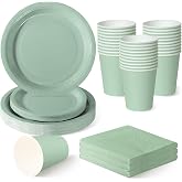 120 Pieces Sage Green Disposable Birthday Tableware for 30 Guests | 18 and 23 cm cardboard plates, paper cups, napkins, boho