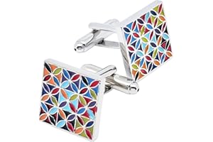 Jonwo Multicolored Print Enamel Square Cufflinks for Men Dress In Gift Case Colorful Patterns Men's Cufflinks Set for Wedding Party Birthday Anniversary Dress