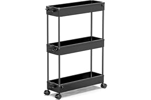 SPACEKEEPER Carro de Almacenamiento de 3 Niveles, Delgado, móvil, Organizador de estantes, deslizable, rodante, utilitario, Estante de Cocina, baño, lavandería, Oficina, Lugares Estrechos,Negro