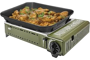 Amig - Camping Gas - Cocina Portátil - Kit Hornillo Grill - Parrilla Fundición Aluminio + Plancha con Tapa Cocción - Bandeja Recoge Grasas de Acero Inoxidable - 1,8 Kw Potencia - Cartuchos B-250