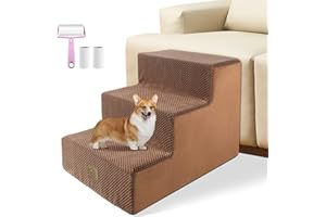 MIDOUAUTOUK Dog Steps for Small Dogs, 3 Steps Pet Stairs High Density Foam, Non-Slip Dogs Ladder with Washable Plush Cover for High Bed, 1 Lint Roller Gift, Lightbrown