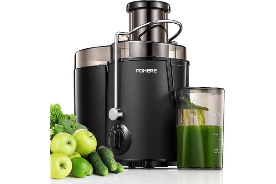 Juicer Machines, FOHERE Centrifugal Juicer Extractor Max Power 900W,Large 3” Feed Chute for Whole Fruit and Vegetables,3 Speed Control, 400w Motor,Cleaning Brush and Recipe Included (Black)