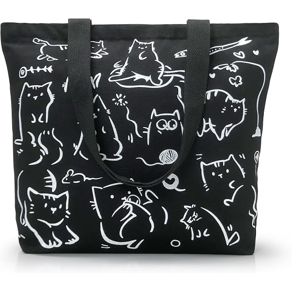 Damen Shopper Tasche Aus Canvas Mit Katzen-Fisch-Print – Große Tragetasche Mit Reißverschluss & Netzfach