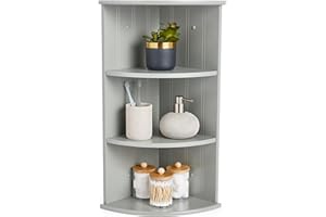 VonHaus Corner Shelf Unit - Grey 3 Tier Bathroom Shelving - Freestanding or Wall Mounted Display Shelves & Decor Stand - Tongue & Groove Modern Storage for Bathroom, Living Room, Kitchen, Hallway