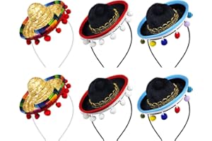 Yzpacc Set of 6 Cinco de Mayo Straw Sombrero Headband Fabric Party Hats with Ball Fringe Decoration for Fiesta Hat Party Supplies Dia de Muertos Mexican Theme Decorations Party Supplies