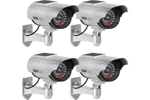ERWEY 4Pcs Caméra Factice Intérieur Extérieur Solaire, Étanche, Fausse Caméra de Surveillance CCTV avec Lumière LED Rouge Clignotante (Argenté)