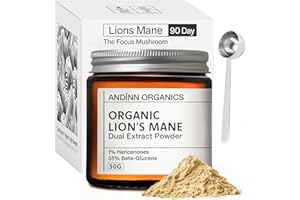 ANDINN ORGANICS Organic Lions Mane Supplement Powder | 12X Strength | 3 Month Supply | Focus Plus | 6000mg | Dual Extract | Soil Association Certified | NGF | 1% Hericenones | 35% Beta-Glucans