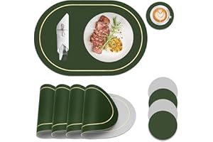 BEIJIE Table Mats Set of 4, Pu Leather Placemats and Coaster Sets 4, Dual Color Sided Heat Resistant Place Mats, Washable Wipe Clean Place Mats for Table, for Indoor Outdoor Dining (Green Grey, 45x 30cm)