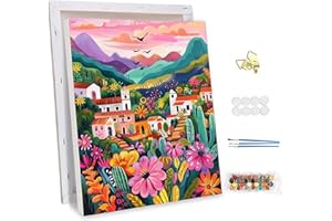 NEWENMO Mexican Village Pintar por Numeros Adultos con Marco,Flores de Colores Pintura por Numeros Kit,Cielo Rosa Pintura al Óleo Kit,DIY Paint by Numbers Adult,para Decoraciones del Hogar 30x40cm