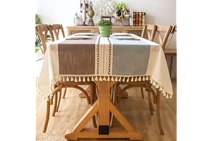 Lifetooler Tovaglia di Cotone Lavabile in lino Tassel Tovaglia Antipolvere per la Decorazione della Cucina a Buffet da Pranzo (Strisce Blu-caffè, Rettangolare/ovale, 140x220cm, 6-8 posti a sedere)