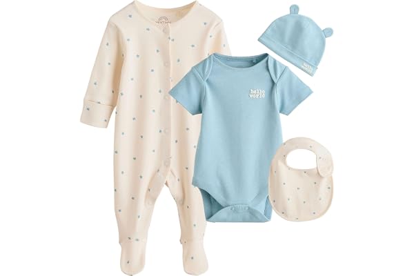 NEXT Nyfödda pojkar Babypyjamas, body, beaniemössa och haklapp 4-delat set