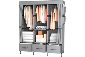 LOEFME Canvas Wardrobe, Fabric Wardrobes for Bedroom with 3 Storage Boxes and Hanging Rods, Portable Wardrobe Shelves, 47 x 15.7 x 67 Inch Size, 16mm Pipe Diameter Fabric Closet