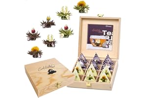 Creano Blooming Tea Gift Set in Stylish Wooden Tea Box - 12pcs Flowering Tea in Cupsize - Black & White Tea