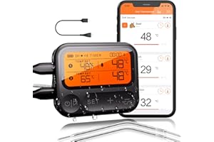 BFOUR Bluetooth Grillthermometer mit wiederaufladbarem Akku und präziser Temperaturmessung, kabelloses Fleischthermometer mit 2 Edelstahlsonden, IPX5 wasserdicht