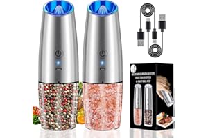 Stainless Steel Electric Pepper Grinder,Haomacro USB Rechargeable Pepper Mill Salt Grinder,Electric Salt and Pepper Grinder Set,2 Pack Black Refillable Salt and Pepper Shakers with LED Light