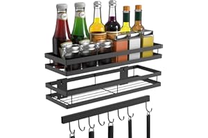 FISHOAKY Porta Spezie Appendere 2 pezzi, portaspezie da parete mensola cucina, salvaspazio senza foratura, Portaspezie da Parete Salvaspazio, con 8 ganci staccabili, Set 2 pezzi mensola da Cucina, 41.5 cm