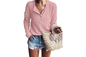 WNEEDU Camiseta Manga Larga Mujer Suelta Jersey Suéter Ligera Cuello en V Blusa Gofres Tejido Henley Camisas con Botones