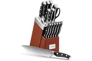 Couteau Cuisine, FOHERE 14 Pièces Bloc de Couteaux avec Affûteur Intégré, Set Couteau Cuisine en Acier Inoxydable, Bloc Brun Rougeâtre en Bois