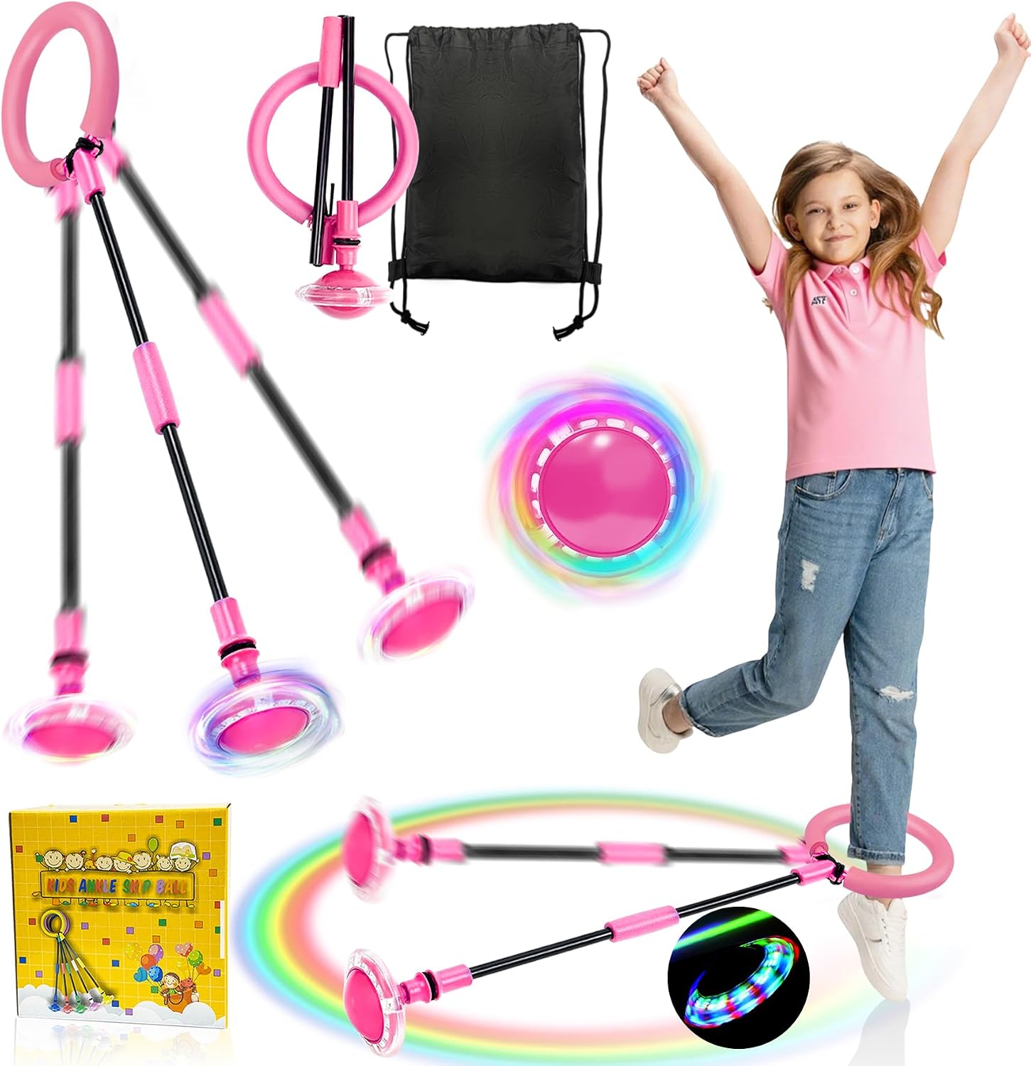 TZEKING 2025 Nueva Mejora Bola De Salto De Tobillo,Anillo de Salto Intermitente,Plegable Anillo de Salto Intermitente Colorida,Colorida Flash Bola de Salto,con Conteo de Tiempo (Sin Pantalla-Rosa)