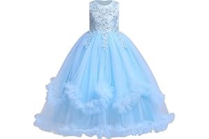 IDOPIP Enfants Filles sans Manches Dentelle Broderie Mariage Demoiselle d'honneur Princesse Couches Tulle Robes de fête soirée Bal Robe de Bal