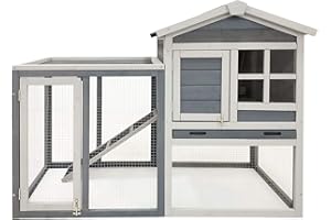 Wiltec Hasenstall grau-weiß 1220 x 630 x 920 mm mit Freilaufgehege und erhöhtem Unterschlupf aus Holz, Kaninchenkäfig mit 2 Etagen, Kleintierstall