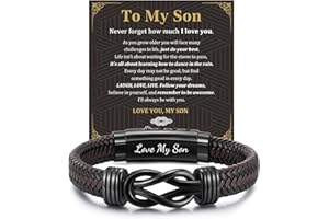 FLHEART Men's Bracelets Gifts for Men - Brown Braided Leather Infinity Knot Bracelets Engraved Love Massage for Son Daddy Man Brother Husband Boyfriend, Personalised Mens Bracelets Gift for Birthday Christmas