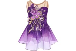 FYMNSI Robe de patinage artistique pour fille - Paillettes - Fleurs - Robe de ballet en mousseline de soie - Sans manches - Justaucorps de gymnastique - Vêtements de ballet pour 3-12 ans