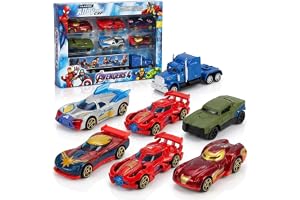 SHAHNARO Avengers Die-Cast Metal Toy Cars Set – 6 Superhero Cars & 1 Truck for Kids | Alloy Model Car Toys for Boys | Mini Die Cast Vehicles for Kids Car Play & Baby Car Toys, Ages 3+