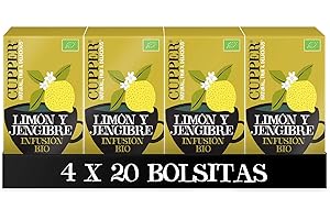 Cupper - Pack de 4 Cajas de 20 Bolsitas de Infusiones Ecológicas Supreme de Limón y Jengibre - Propiedades Refrescantes y Digestivas - Contiene Raíz de Regaliz y Cáscara de Naranja - Apto para Veganos