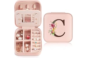 SINEKONG Schmuckkästchen Klein Reise für Damen Mädchen, Schmuckkasten mit initiale C, Mini Schmuckschatulle mit Spiegel für Ringe, Ohrringe, Halskette für Damen Geschenk für Geburtstag, Weihnachten, Muttertag