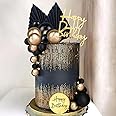 Set Topper Per Torte Compleanno Happy Birthday - Nero - Con Palloncini Stelle E Corone