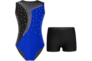 TTAO Kinder Mädchen Ärmellos Gymnastikanzug mit Strassstein Training Leotard mit Shorts Turn Set Gymnastik Training Dancewear Gymnastikbody