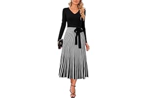 Arach&Cloz Jumper Dress for Women UK Long Sleeve Midi Knitted Pleated Dresses Fall Winter V Neck Stripe Sweater Dress