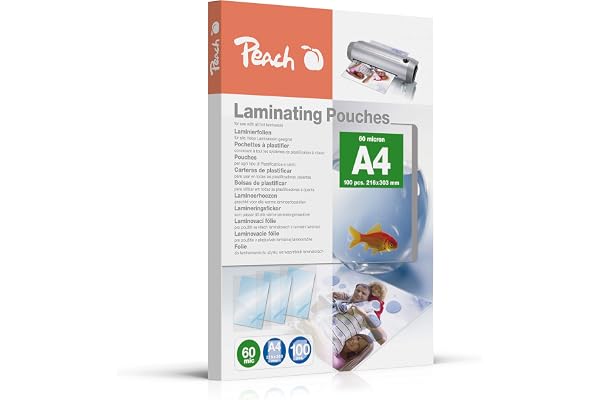 Peach Pochettes de plastification A4-60 microns - 100 pochettes - Brillantes - Qualité supérieure pour de meilleurs résultats de plastification - Compatible avec les appareils de toutes marques -
