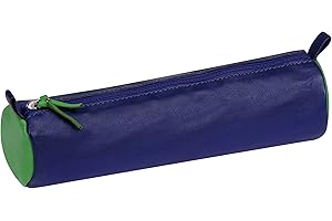 Clairefontaine 8393C - Trousse Scolaire Ronde bicolore Bleu France/Verte Ø5,5x22 cm en Véritable Cuir d'Agneau I Fourniture Scolaire I Trousse Crayons de Couleurs I Etui à Crayons I Porte-Plume