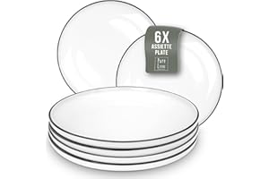 PURE LIVING INTERIOR DESIGN 6x Assiettes en porcelaine grande taille Scandi - Set de vaisselle moderne blanche, design scandinave, résistant au lave-vaisselle - Set d'assiettes stylées pour 6 personnes - Assi
