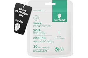 BRAIN FEED Alpha GPC Capsules (30) | 1-a-Day | 99.7% Alpha-GPC Choline Supplement | 500mg | Nootropic Alpha Brain Supports Memory & Cognition | Acetylcholine Supplement