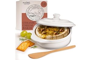 Muldale Camembert Baking Dish with Lid Gift Set - Cheese Baker in White - Lead Free Brie Baking Dish - Ceramic Camembert Baker - 14cm - With Spreader and Box