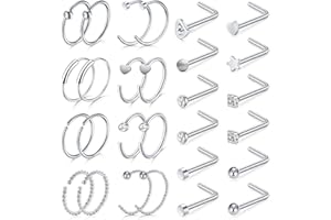 Rajnard 18PCS 316L Surgical Steel Nose Ring Studs 20G 8mm 7mm Silver Gold L-Shape Nose Screw Nose Hoop Rings for Women Girls Stainless Steel Nostril Piercing Jewelry