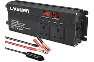 LVYUAN Power Inverter 1200/2500 W DC 12V to 240V AC Car Converter with 4 USB, 3 UK Sockets, Dual LED Display and Fan, Car Adapter, Black