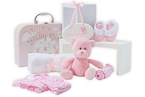 Baby Box Shop Baby Shower Geschenk - 9 Baby Essentials für Neugeborene - Geschenkset Baby Mädchen, Geschenk Für Neugeborene Mädchen - Baby Geschenk Mädchen - Newborn Baby Girl Gift Set - Rosa