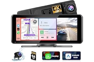 HIKITY Carplay Inalámbrico Pantalla Coche Dashcam 4K con Android Auto Inalámbrico DVR, Pantalla para Coche Sin Instalación 6,86" con Airplay BSD Asistencia de Voz +Cámara Trasera +64G TF