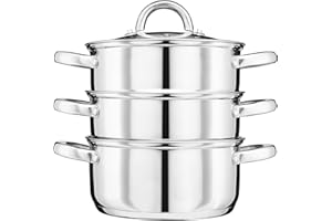 Cooks Professional Stainless Steel 3 Tier Steamer - Durable Vegetable Steamer with Glass Lid, Vent and Double Handles, Suitable for All Hobs Including Induction